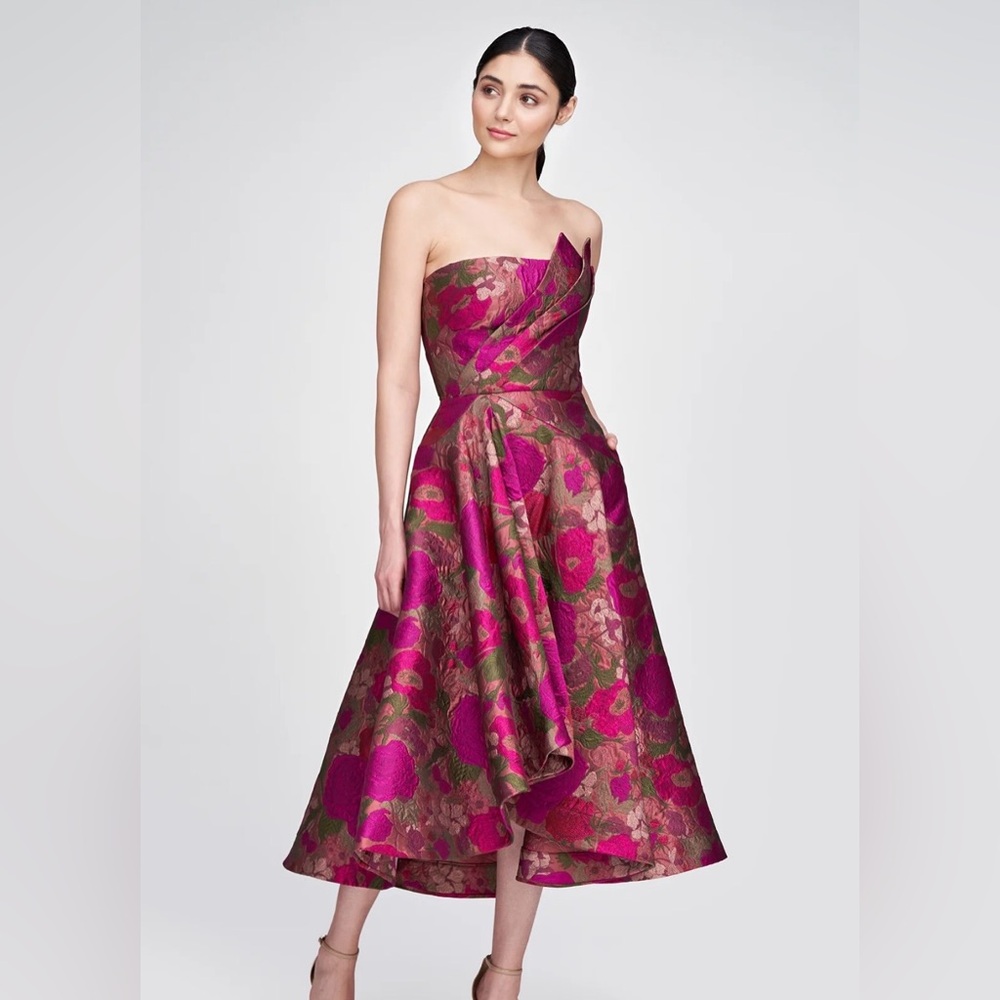 Theia Carolina Strapless Jacquard Dress